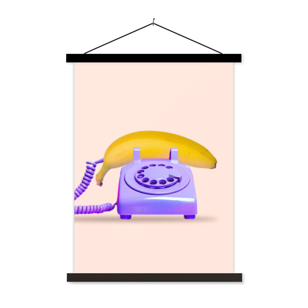 MuchoWow Textilposter Banane - Telefon - Lila - Gelb 120x160 cm mit schwarzem Rahmen - Magnetischer
