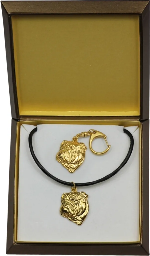 Art-Dog Bulldog Inglese II: Portachiavi e Collana Oro in Box Regalo