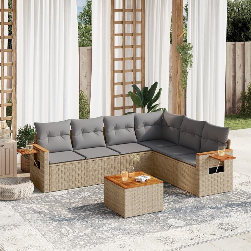 7-tlg. Garten-Sofagarnitur mit Kissen Beige Poly Rattan 3226850