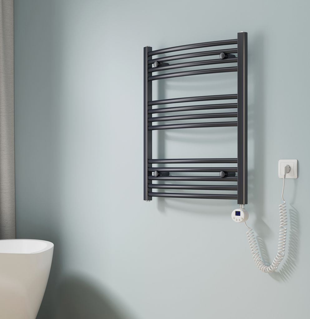 EMKE Gebogen Badheizkörper Handtuchtrockner Inklusive Zeitgesteuertem Heizelement Thermostatset, Elektrischer Heizkörper (Anthrazit 75x60cm)
