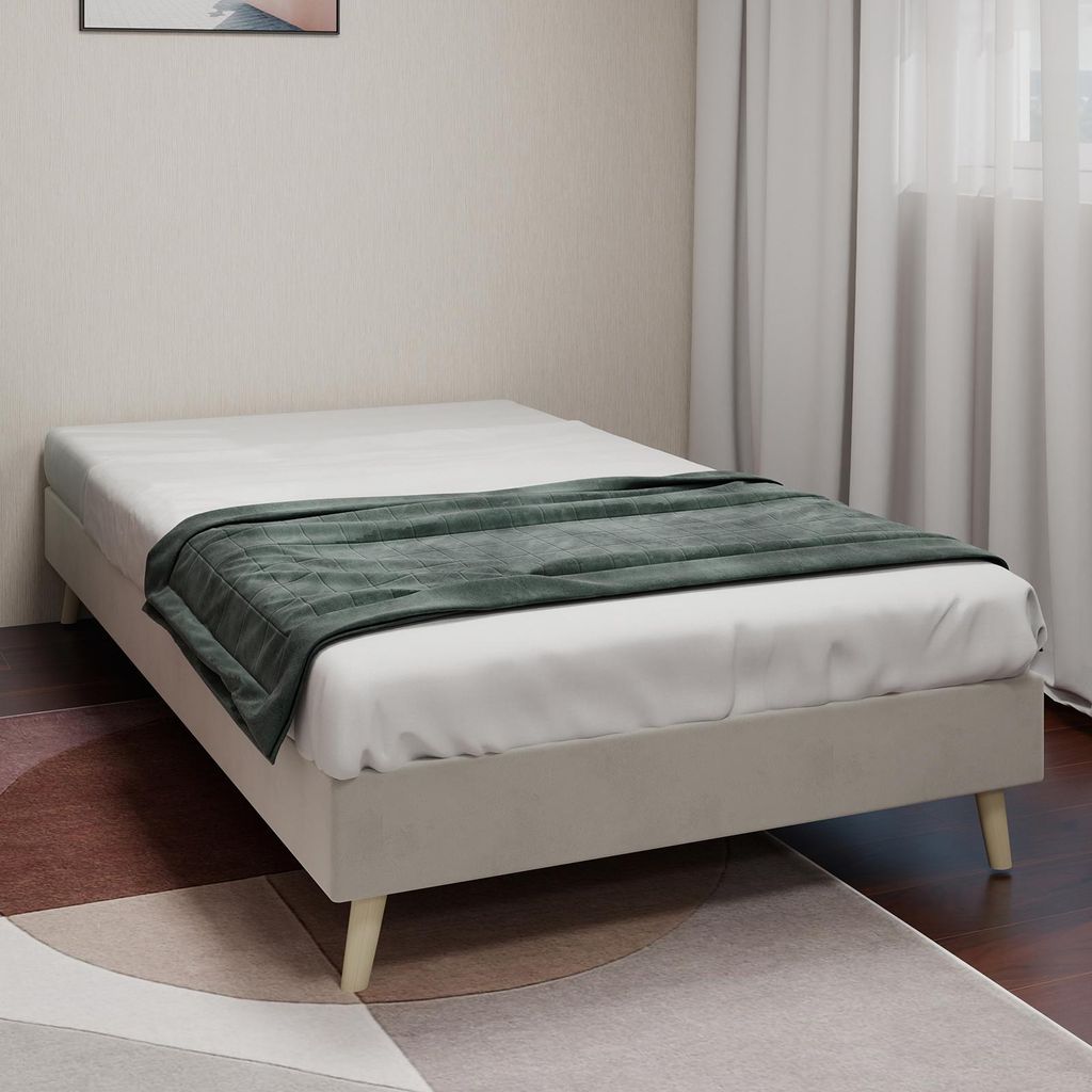 okwish Einzelbett 90x200 Jugendbett mit Mehrpunktverstrebung und niedriges Gestell,Plattformbett Bettgestell ohne Kopfteil und Gasdruckfeder,Beige(...