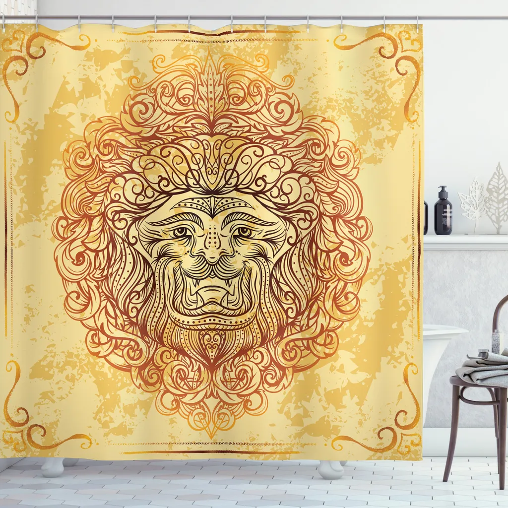 ABAKUHAUS Tenda da doccia Safari, Leone Zodiaco Astrologia, Acqua Opaca incl. 12 anelli Resistente a batteri e muffe, 175 x 200 cm, Giallo Arancione