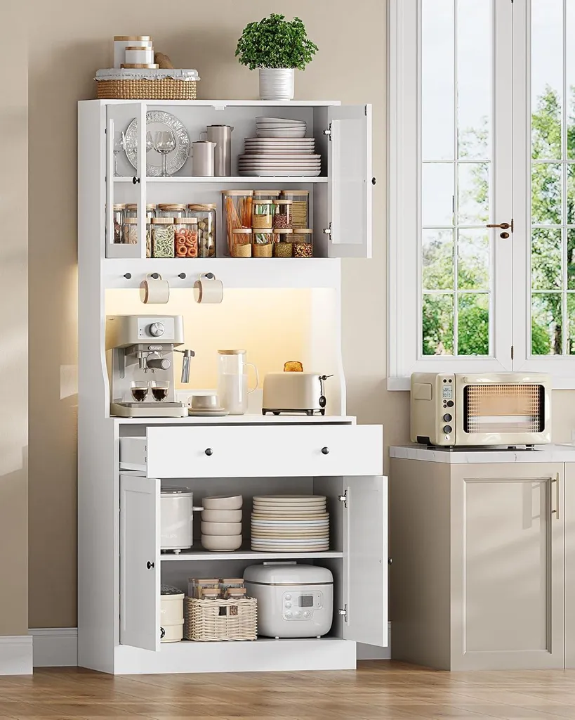 Buffet haut de cuisine blanc KIMENICH meuble de rangement avec LED