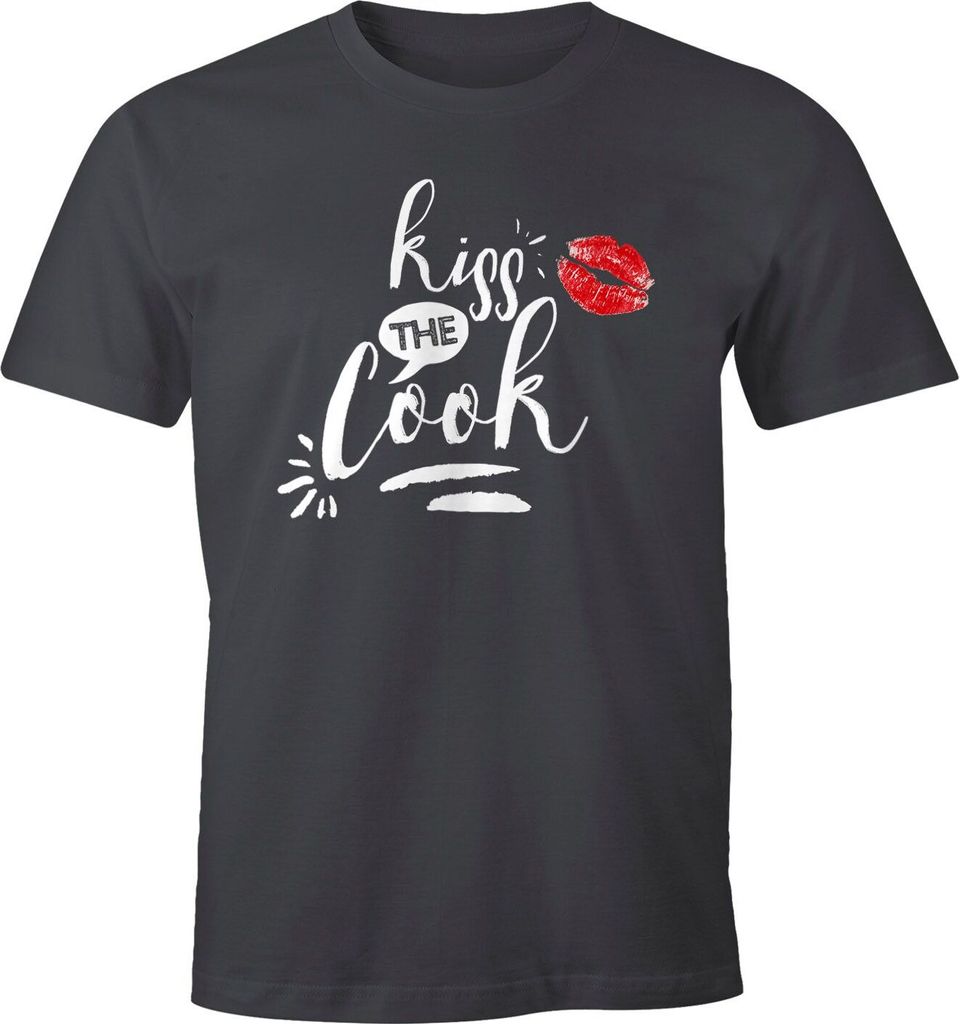 Herren T-Shirt Kiss the Cook Fun-Shirt Spruch-Shirt Koch Foodie Grillen BBQ Barbecue Moonworks dunkelgrau XXL
