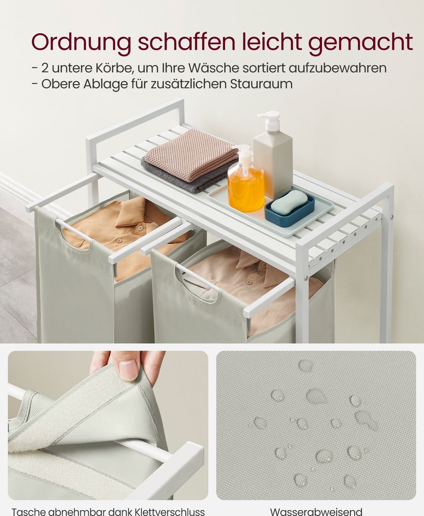 VASAGLE Wäschekorb 2 Fächer, mit Ablage, ausziehbar Produktbild 3