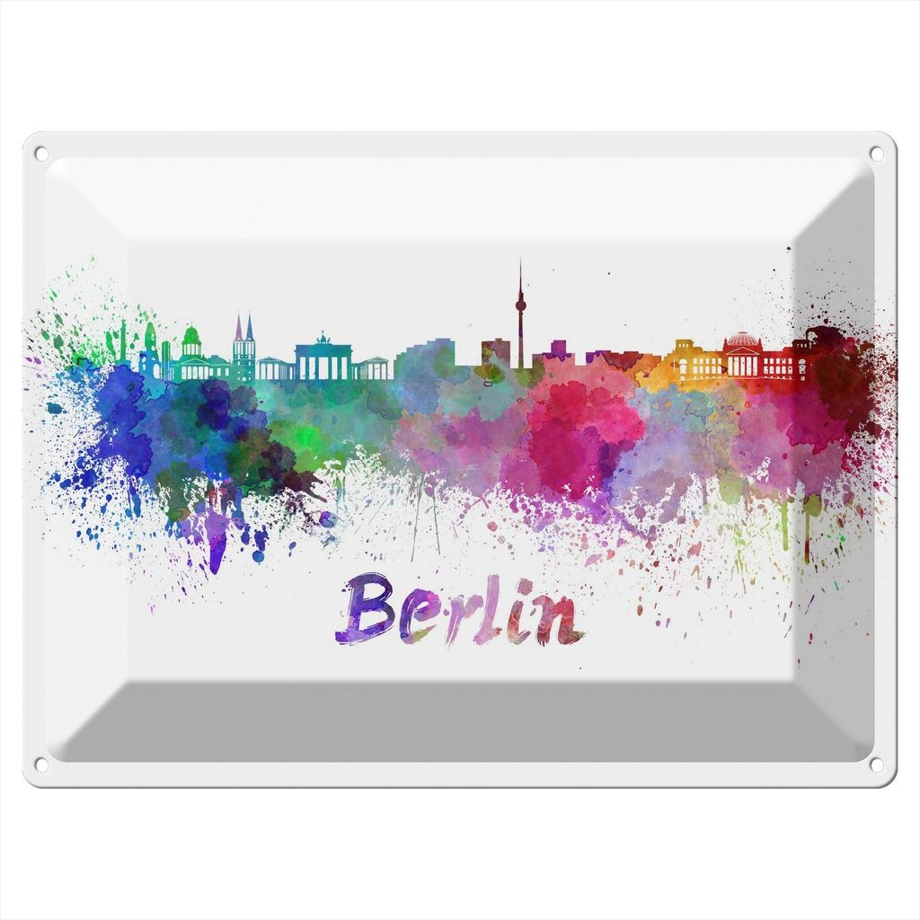 Wallario Blechschild Wandbild in : Brillante Farben, Größe 30 x 40 cm Motiv Städte als Aquarell - Skyline von Berlin