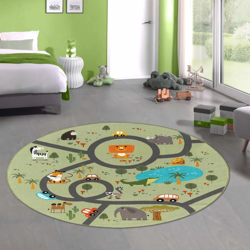Tapis pour enfants Safari et Route - Tapis de jeu vert rond de 160 cm