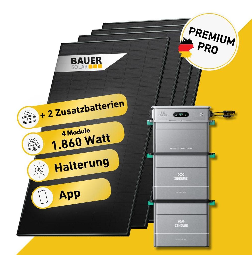 1860 Watt, Bifazial Komplettset, Balkonkraftwerk, Zendure Solarflow 800 Pro 2, 2 x AB2000L Zusatzbatterie, Germany 10m Anschlusskabel