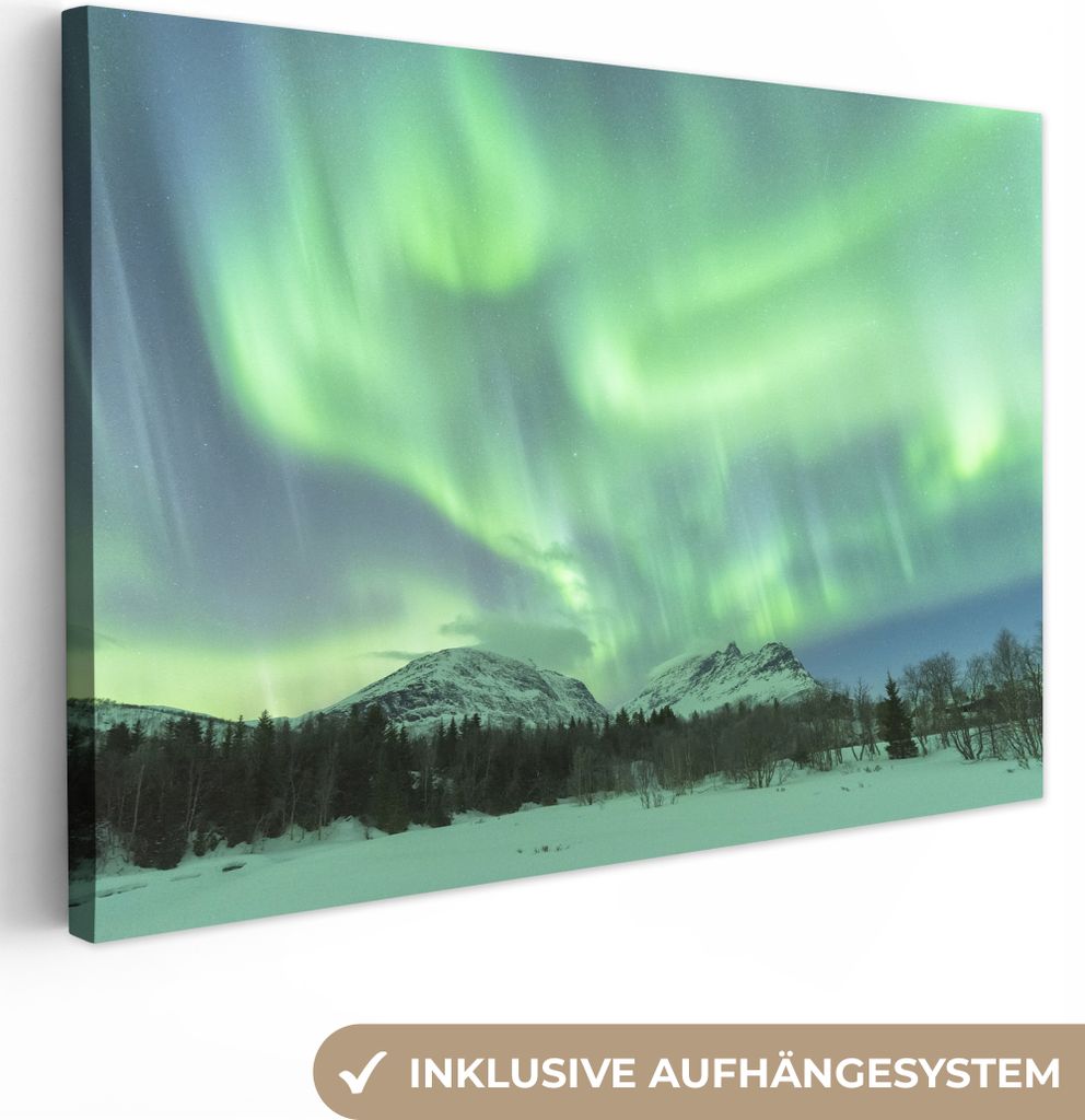 OneMillionCanvasses - Leinwandbilder - 150x100 cm, Nordlichter - Schnee - Berg - Norwegen, Wandbilder Kunstdruck Wanddekoration
