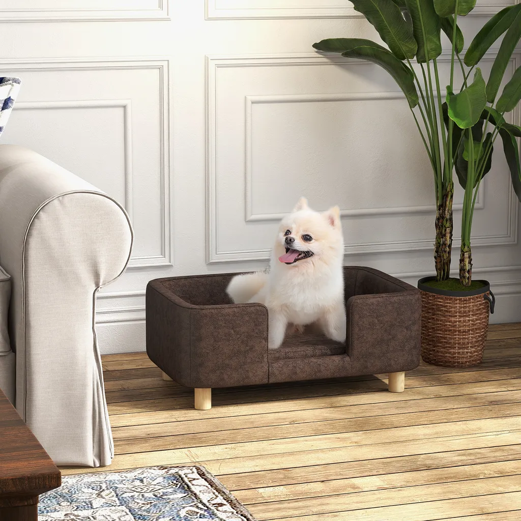 PawHut Canapé chien chocolat en microfibre et pieds bois 74x48,5x31 cm