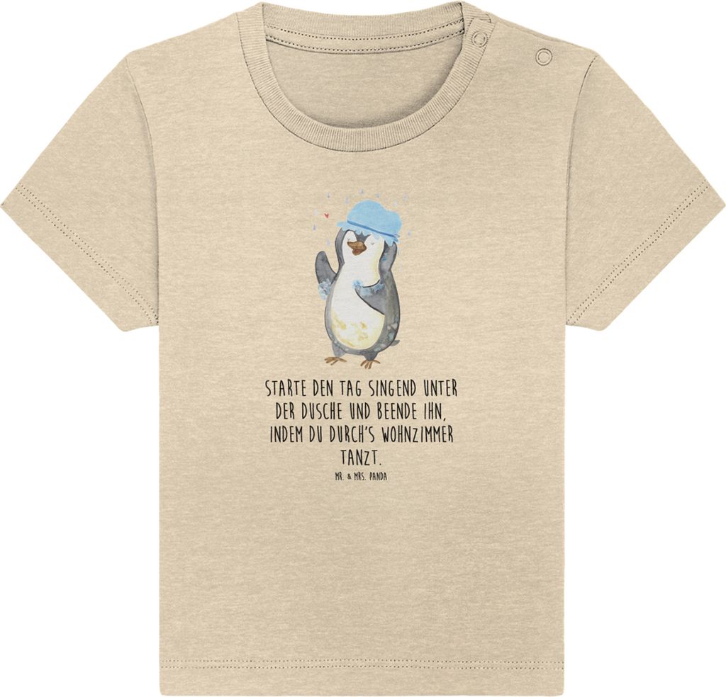 Mr. & Mrs. Panda T-Shirt Pinguin Duschen 6. - 12. Monat - Natural Raw - Geschenk, Duschkonzert, Baby Kurzarmshirt, Dusche, Singen, Pinguine, Babysh...