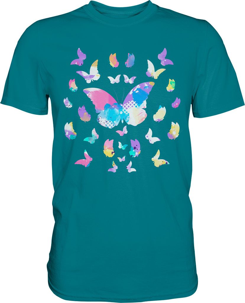 Farbenfrohe Aquarell Schmetterlinge T-Shirt – Diva Blue / M Produktbild 