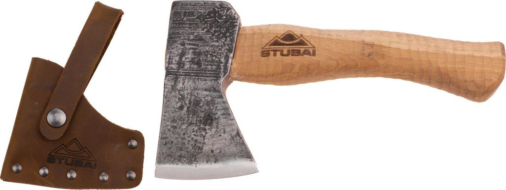 A camping axe and its leather sheath are displayed against a white background.