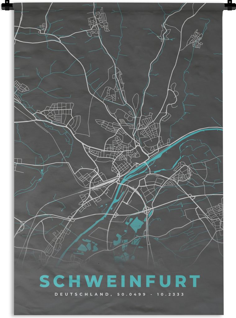 MuchoWow Wandteppich Wandbehang Karte - Stadtplan - Schweinfurt - Deutschland - Blau 120x180 cm Tapisserie Dekoration Wandtuch - Schlafzimmer - D...