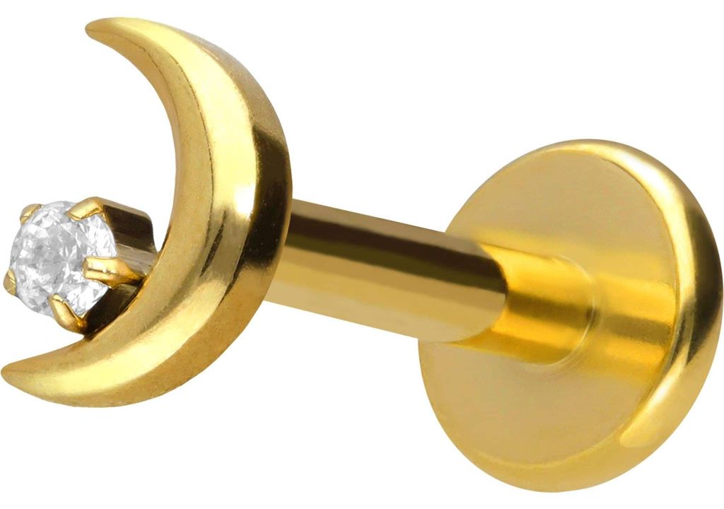 Ohrpiercing, Nasenpiercing Titan Labret mit Push Fit MOND + KRISTALL Gold Stablänge: 6mm | Stabstärke: 1mm