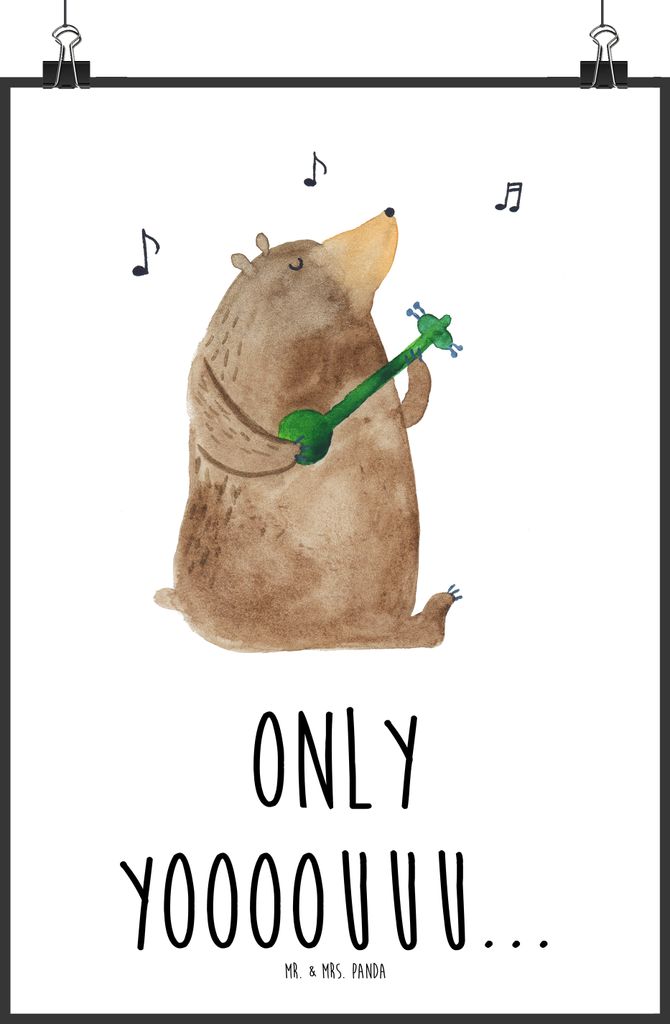 Mr. & Mrs. Panda Bild Bär Gitarre DIN A3 - Weiß - Geschenk, Kunstdruck, Wandschmuck, Plakat, wanddeko, drucke, Teddy