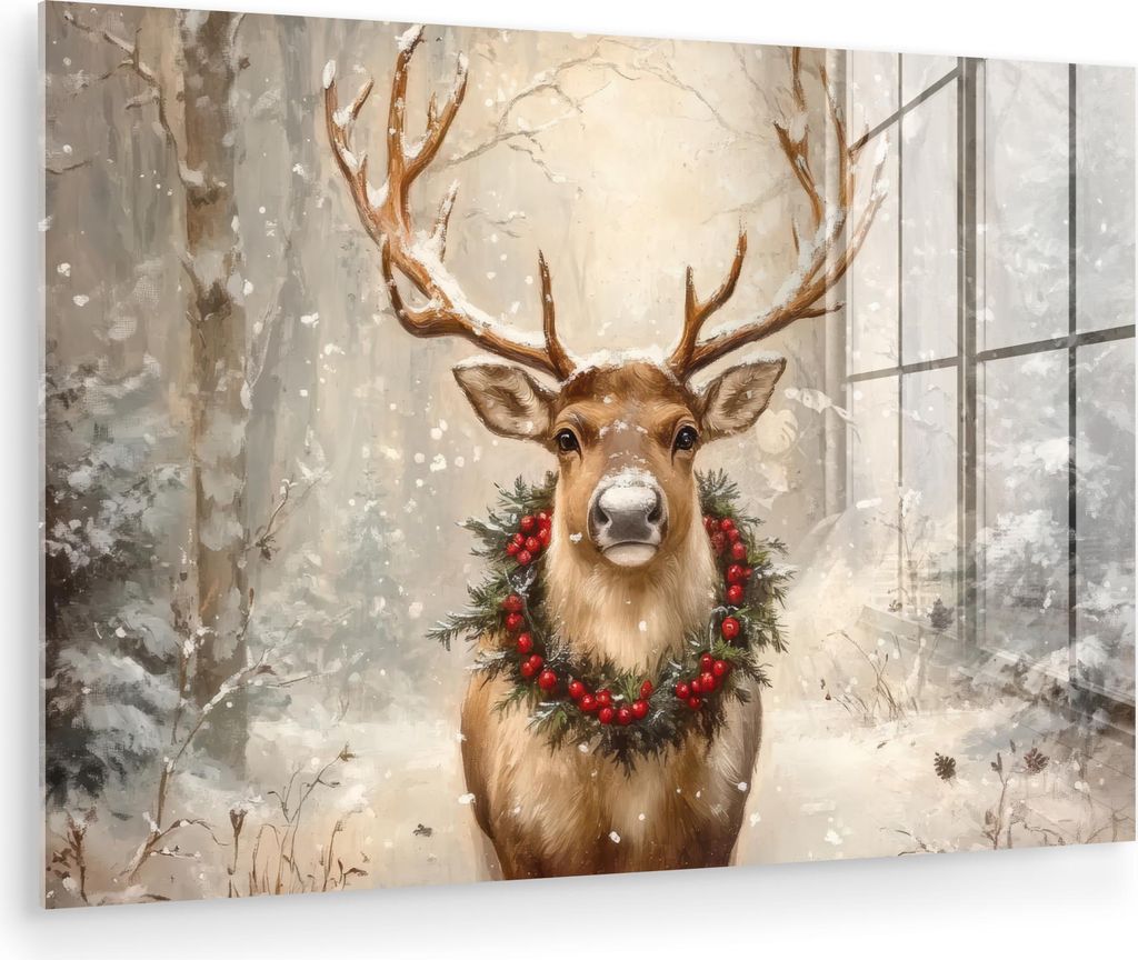MuchoWow Glasbilder - Bilder auf Wandbild - Foto auf Glas Weihnachten - Rentier - Winter - Kranz 60x40 cm Wanddekoration aus Glas - Acrylglasbild -...
