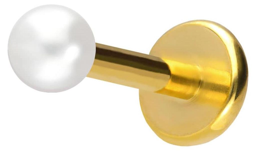 Ohrpiercing, Nasenpiercing Titan Labret mit Push Fit SYNTHETISCHE PERLE Gold Stablänge: 9mm | Stabstärke: 1mm | Perlengröße: 2,5mm