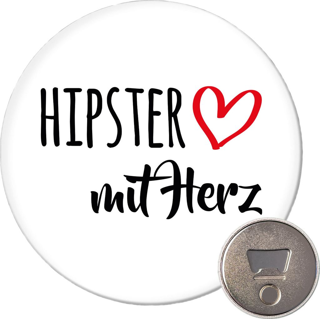 Huuraa Magnet Hipster mit Herz 59mm Kühlschrankmagnet rund Flaschenöffner Geschenkidee