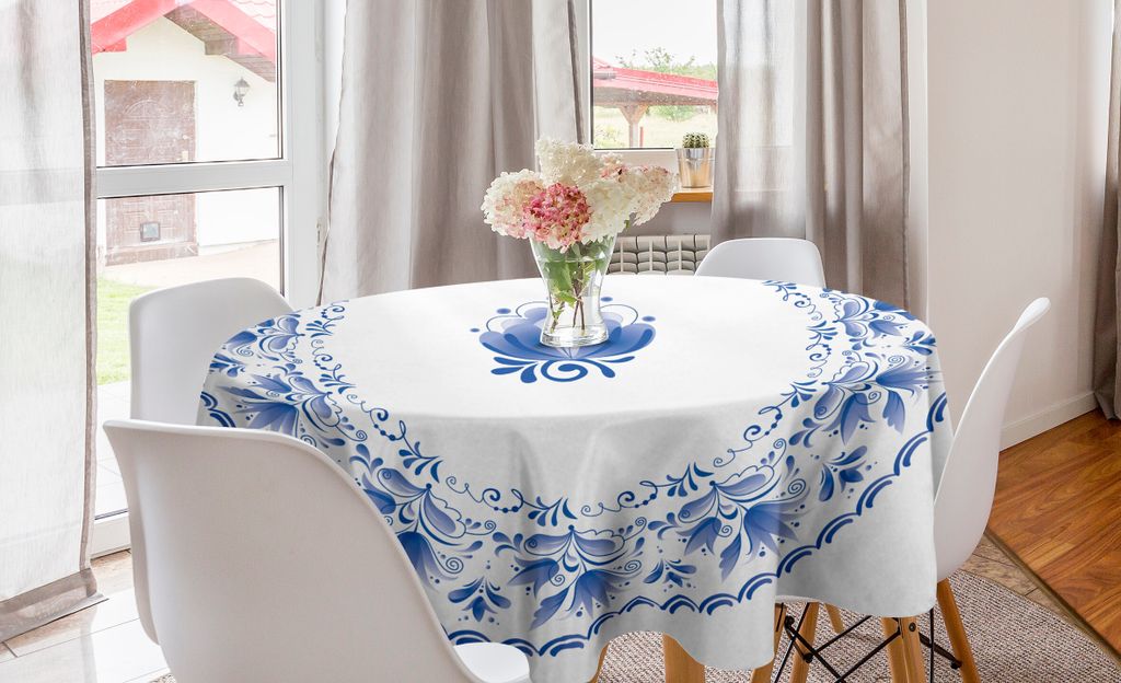 ABAKUHAUS Mandala Runde Tischdecke, Persian Nostalgic Flora, Kreis Tischdecke Abdeckung für Esszimmer Küche Nachbildungation, 150 cm, Blau Weiss