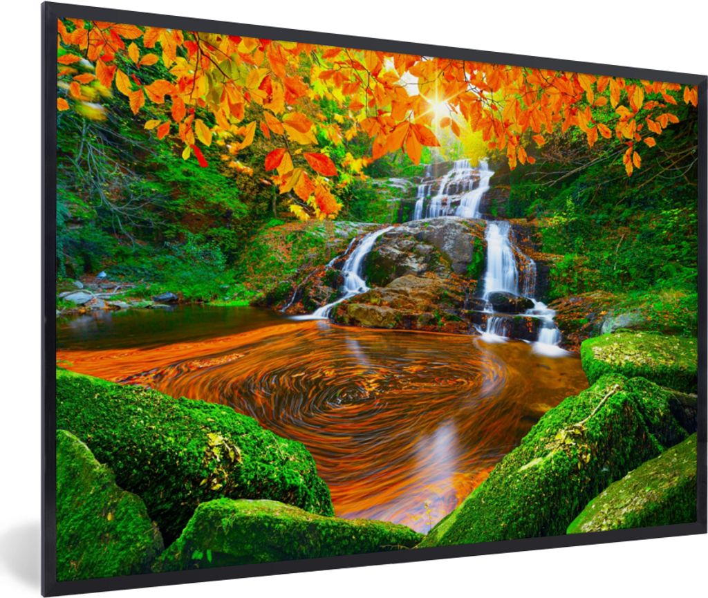 MuchoWow Gerahmtes Poster Natur - Wasserfall - Steine - Moos - Blätter - Grün 60x40 cm - Poster mit Schwarzem Bilderrahmen Wandposter Rahmen Fo...