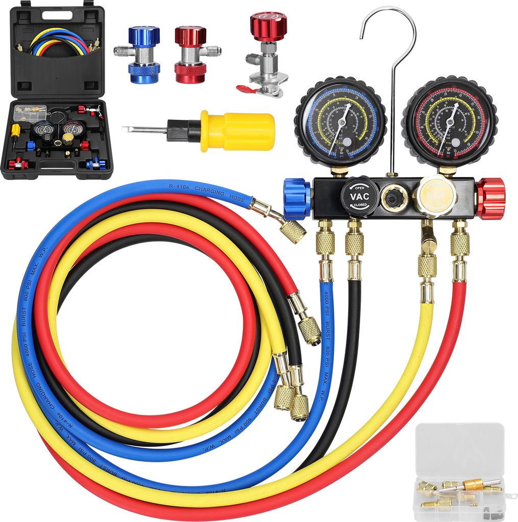 Verteiler-Messgeraet-Set, Klimaanlage, Kaeltemittel-Ladewerkzeug, 4-Wege-Zweiwert-Manometer mit 1,5 m Schlauch, Messing-Schnellkupplungsadapter fue...