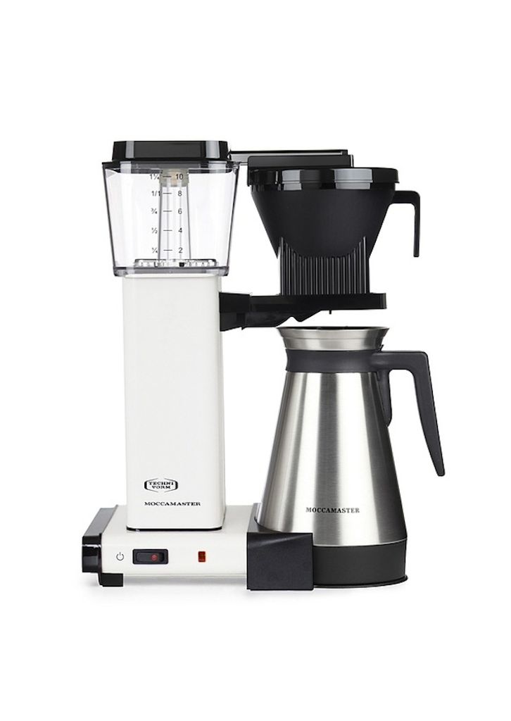 A white and silver MOCAMASTER filter coffee machine with a thermal carafe is shown against a white background.