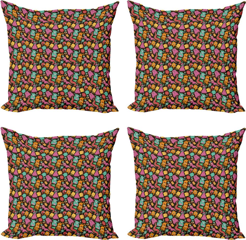 ABAKUHAUS Kindergarten Kissenbezug Set (4 Stück), Bunte Monster Pattern, Moderner Doppelseitiger Digitaldruck, 60 cm x 60 cm, Mehrfarbig