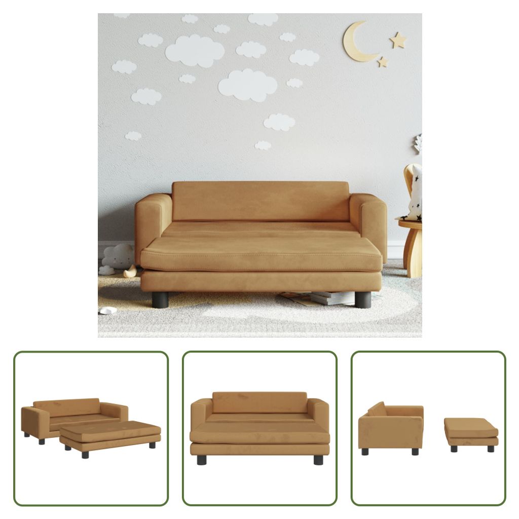 The Living Store Kindersofa mit Hocker Braun 100x50x30 cm Samt