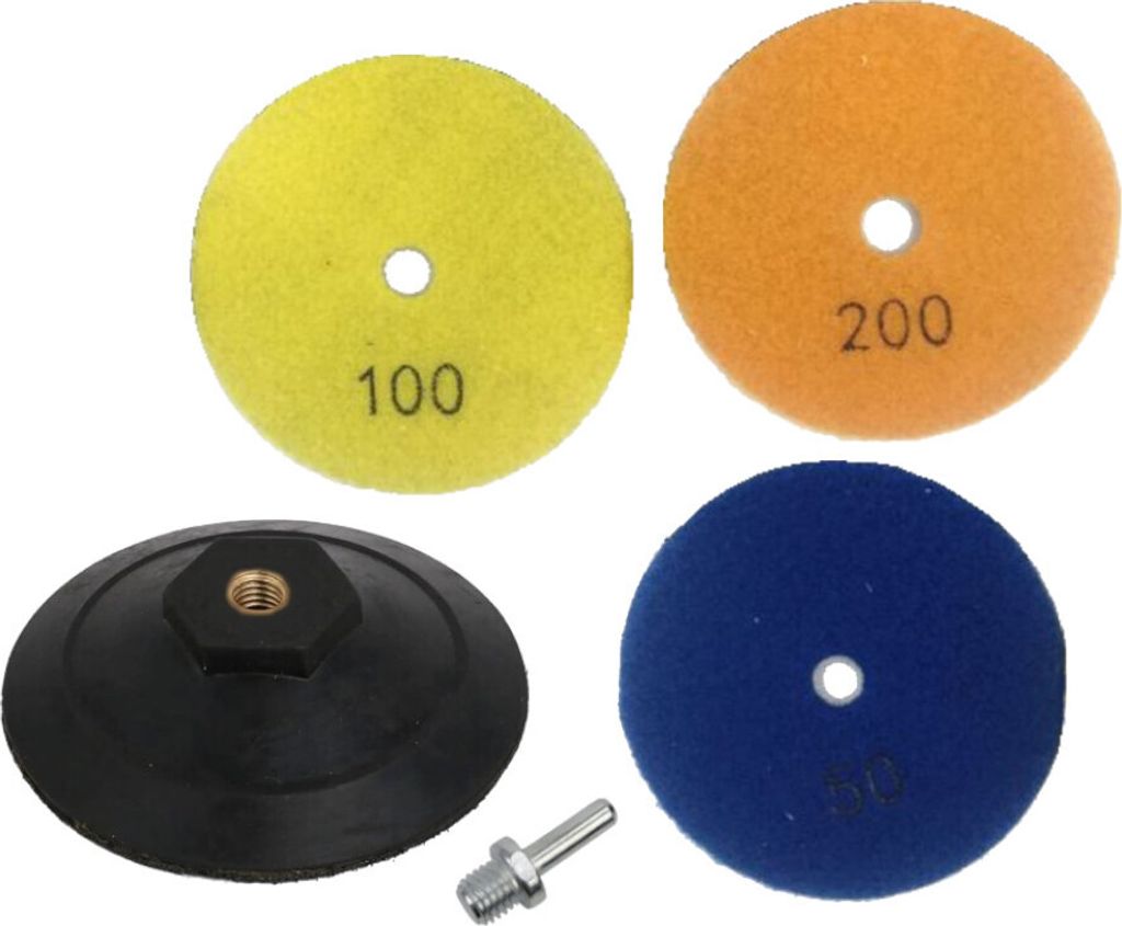 Trade-Shop SET (5-teilig): Ø100mm Diamant Schleifscheiben Polierpads Nass-Trocken - #50, #100, #200 / inkl. Aufnahmeteller + M14 Spanndorn