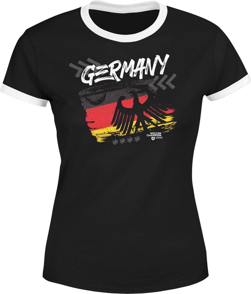 Damen WM-Shirt WM Fußball Weltmeisterschaft Deutschland Adler Vintage Slim Fit tailliert Moonworks schwarz-weiß L