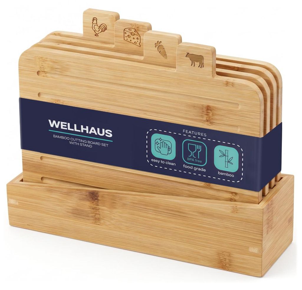 WELLHAUS Bamboe snijplank set, 4 stuks met standaard, Productafbeelding 