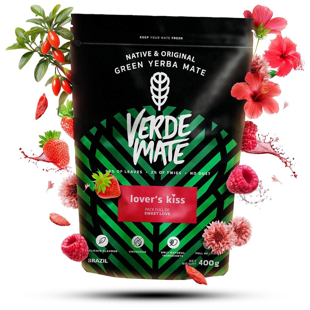 Verde Mate - Mate Tee Lover’s Kiss 400g - Dicke Blätter 5mm, Luftgetrocknet - Fruchtige Erdbeere & Himbeere - Mild - Rauchfrei - Yerba Mate Bras...