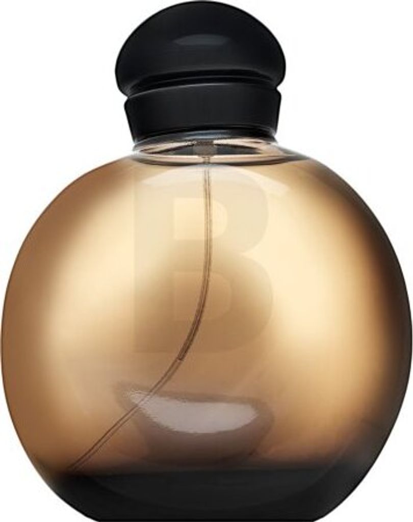 A perfume bottle with a gold gradient and a black cap, set against a white background.