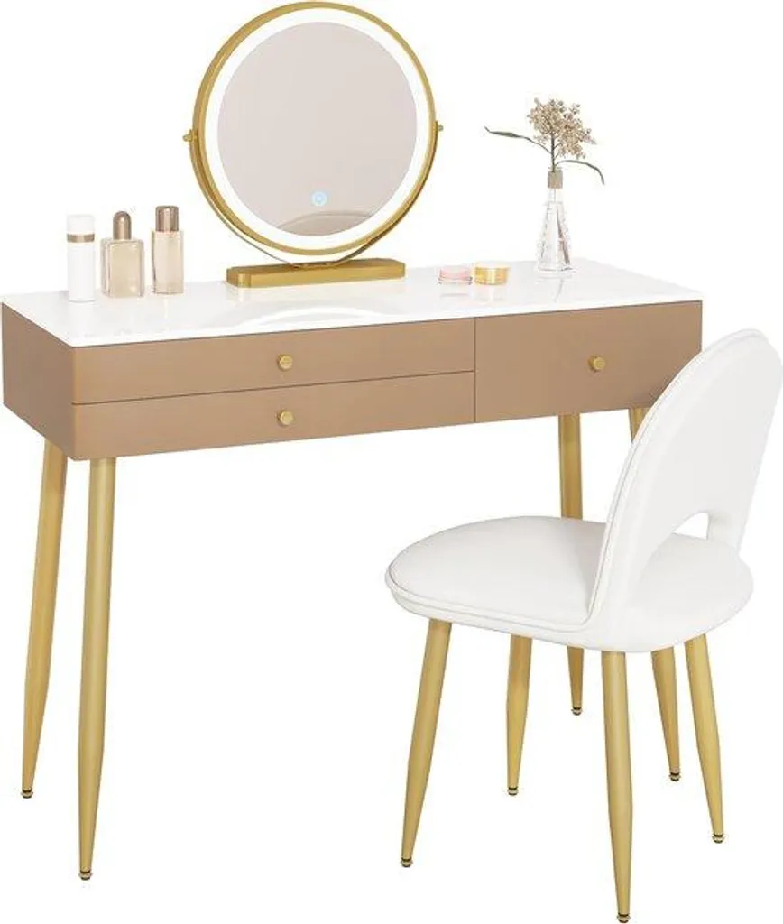 Coiffeuse élégante kaki avec miroir LED - 3 tiroirs de rangement chic