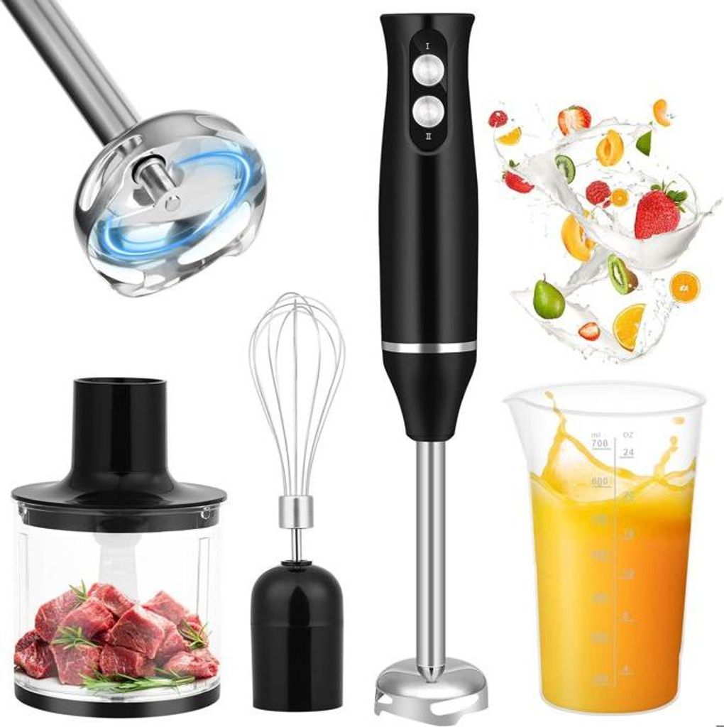 Professioneller 4-in-1-Stabmixer, 500-W-Elektro-Stabmixer mit 2 Geschwindigkeitsstufen, inklusive Schneebesen, Zerkleinerer und Messbecher