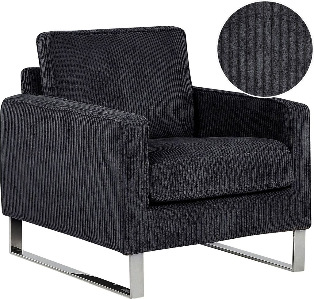 BELIANI Sessel Schwarz Cord Lederoptik Edelstahl Dicke Sitzfläche Retro-Stil Wohnzimmer