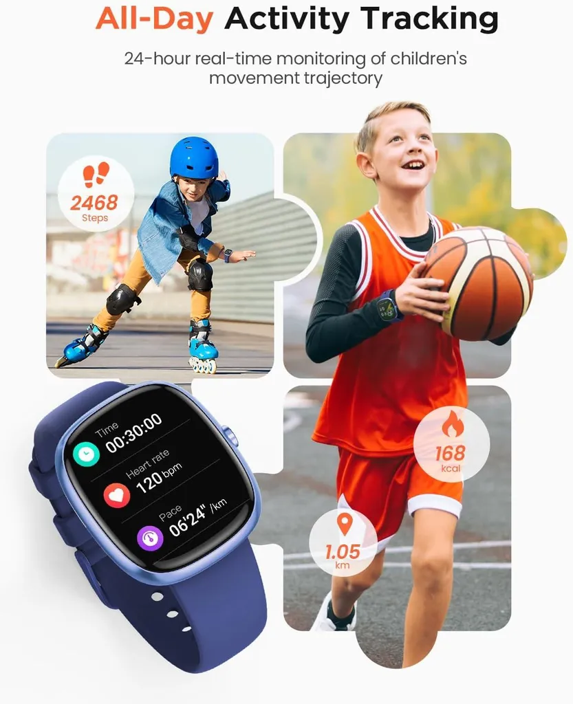 Smartwatch per bambini per ragazzi e ragazze, orologio impermeabile IP68 per attività di fitness per bambini, 20 modalità sportive, pedometro, cardiofrequenzimetro, sveglia, - 2