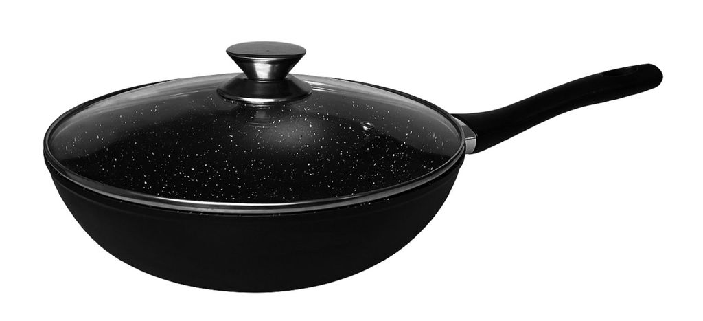 WOK Pfanne 28cm Induktion Deckel Anti Haft Bratpfanne Marmor Antihaft-Marmorbeschichtung, Geeignet für alle Herdarten