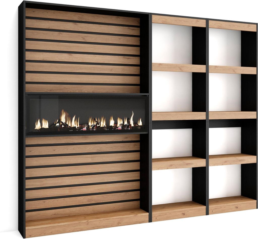 Bücherregal Bibliothek, 230x25x186cm, Wohnzimmer, Esszimmer, Büro, Elektrokamin XXL, Eiche und Schwarz