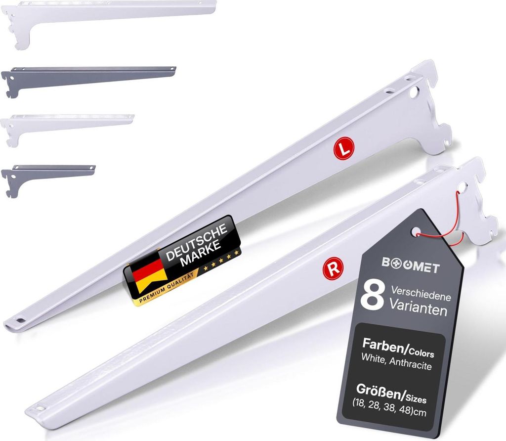 BOOMET Regalträger rechts + links Weiß 48cm je 4 Stück · 2 Farben 4 Größen · Winkelträger 1-reihig · Regalbodenträger aus Stahl · pulver...