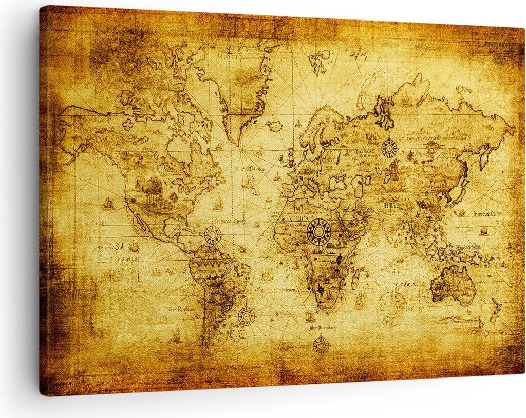 Bild auf Leinwand - Leinwandbild - Karte Welt Kontinente - 70x50cm - Wand Bild - Wanddeko - Leinwanddruck - Bilder - Kunstdruck - Wanddekoration - ...