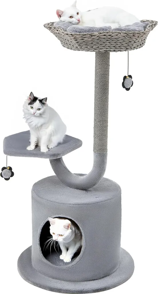 Arbre à grimper pour chat avec griffoir et maisonnette grise 106 cm
