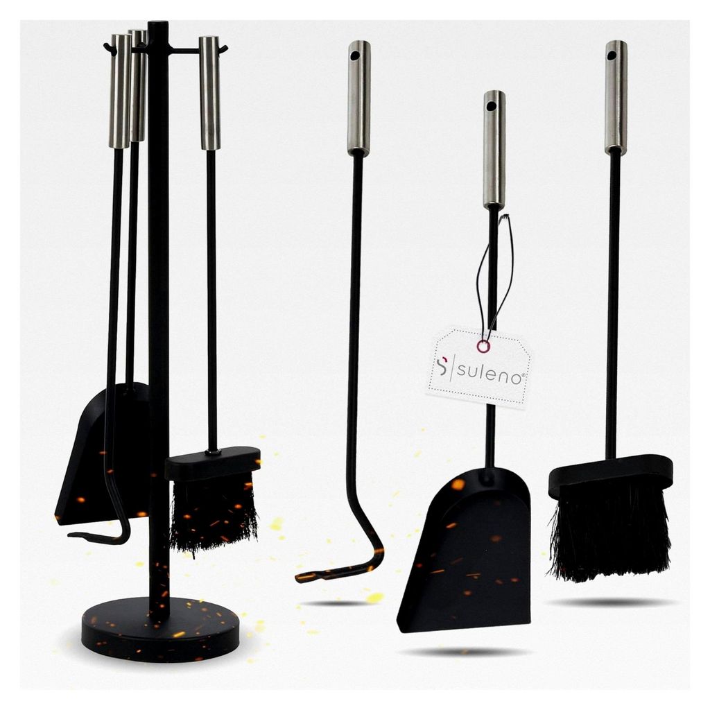 Kaminbesteck DUBLIN 4-teilig mit Ascheschaufel, Besen, Schürhaken, Kaminset & Halter, Ofenbesteck schwarz