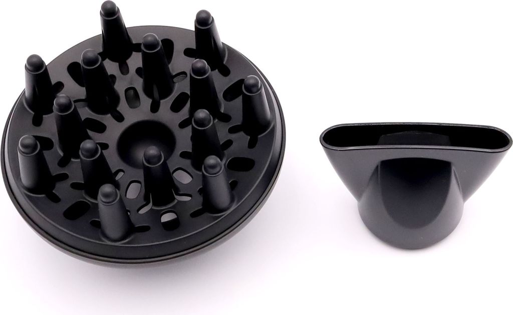 Two black hair dryer attachments, a diffuser and a concentrator nozzle, are shown on a white background.