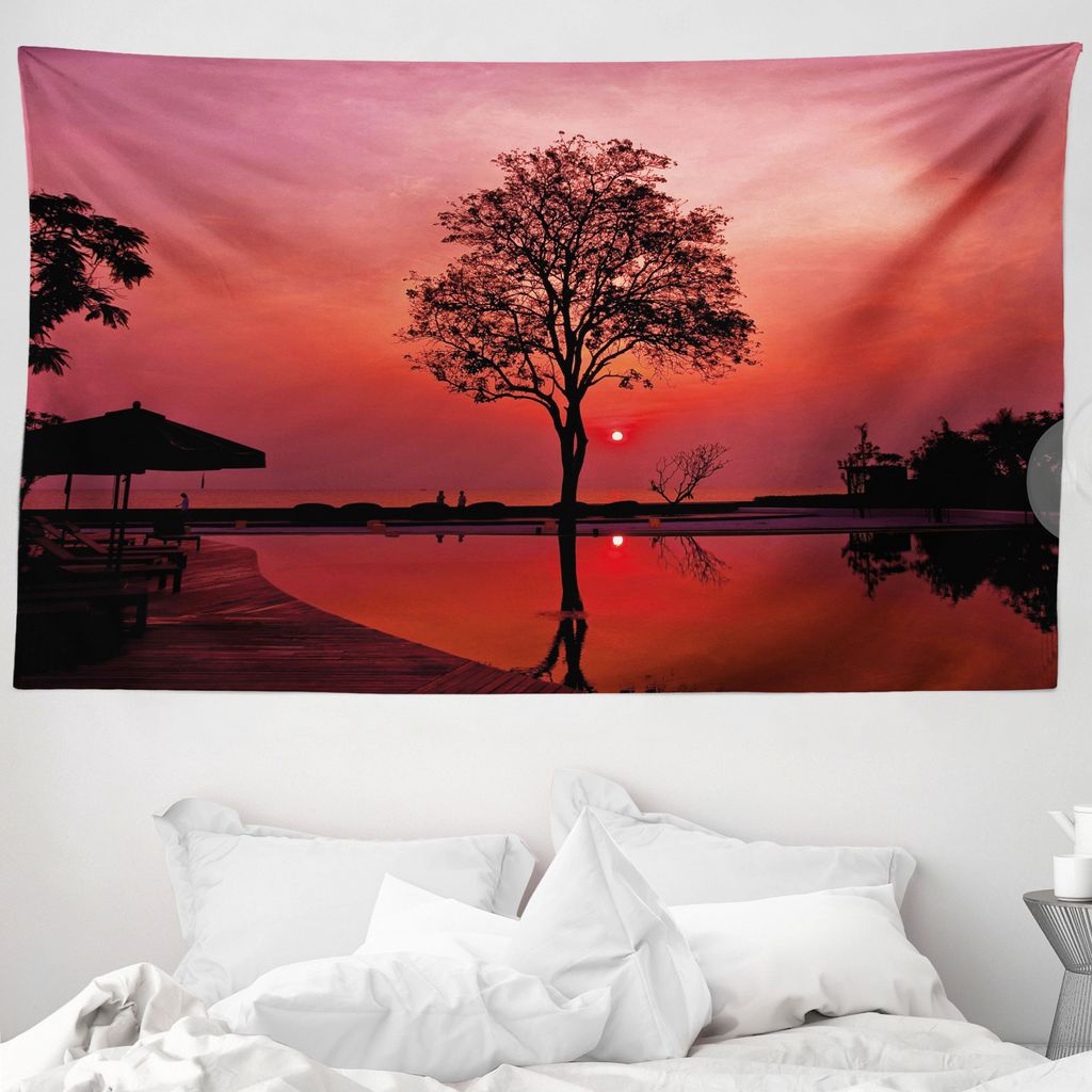 ABAKUHAUS Sonnenaufgang Wandteppich, Twilight Himmel mit Baum aus Weiches Mikrofaser Stoff Waschbar ohne Verblassen Digitaldruck, 230 x 140 cm, Sch...
