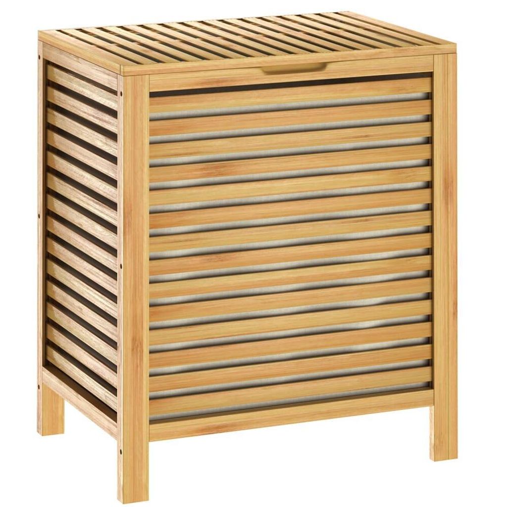 A freestanding bamboo laundry basket with a slatted design and a lid.