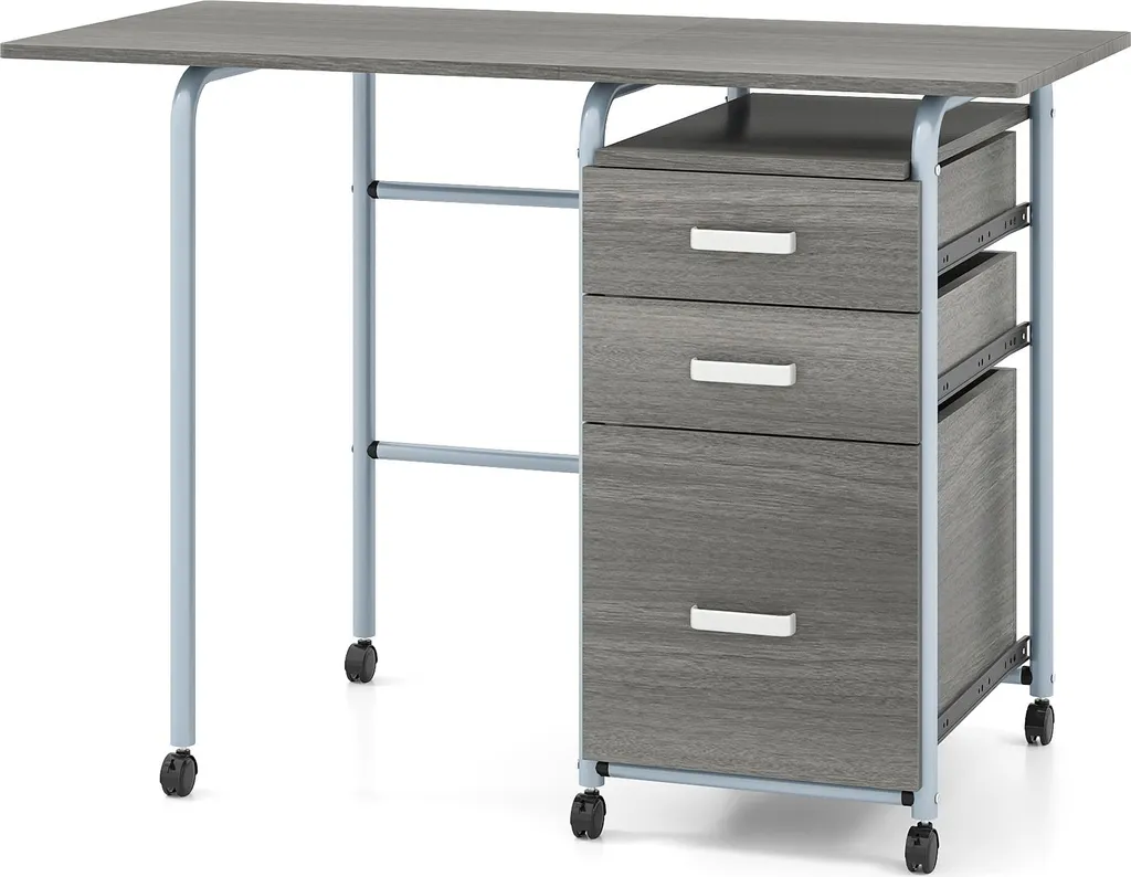 Bureau informatique pliable 105x50x75cm avec 3 tiroirs et roulettes Gris