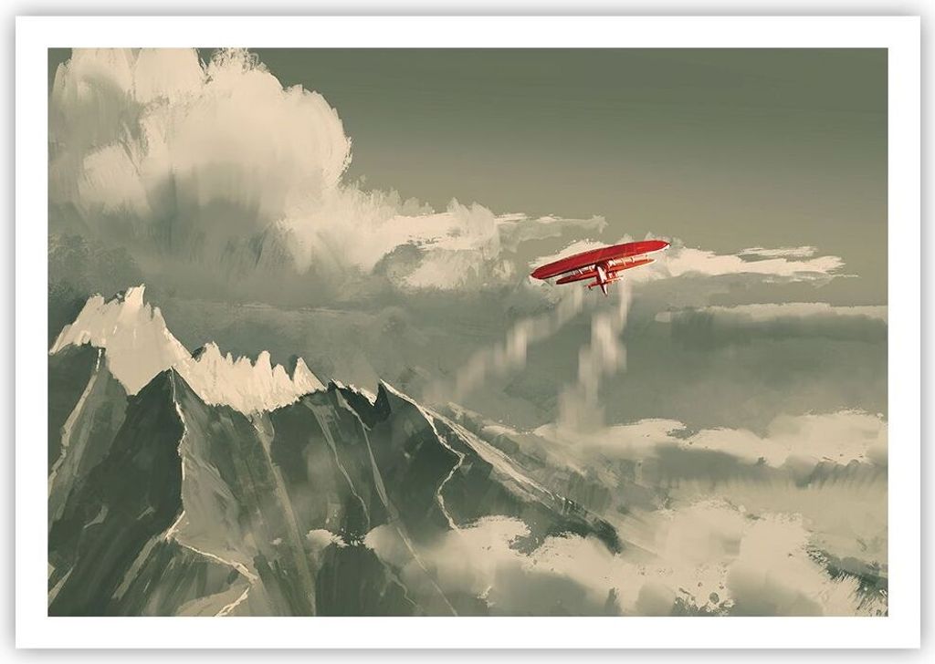 Poster - Poster ohne Rahmen - Rot Flugzeug Berge - 100x70 cm - Wand Bild - Wanddeko - Wandbilder - Kunstposter - Wandposter - Bilder - Kunstdruck -...