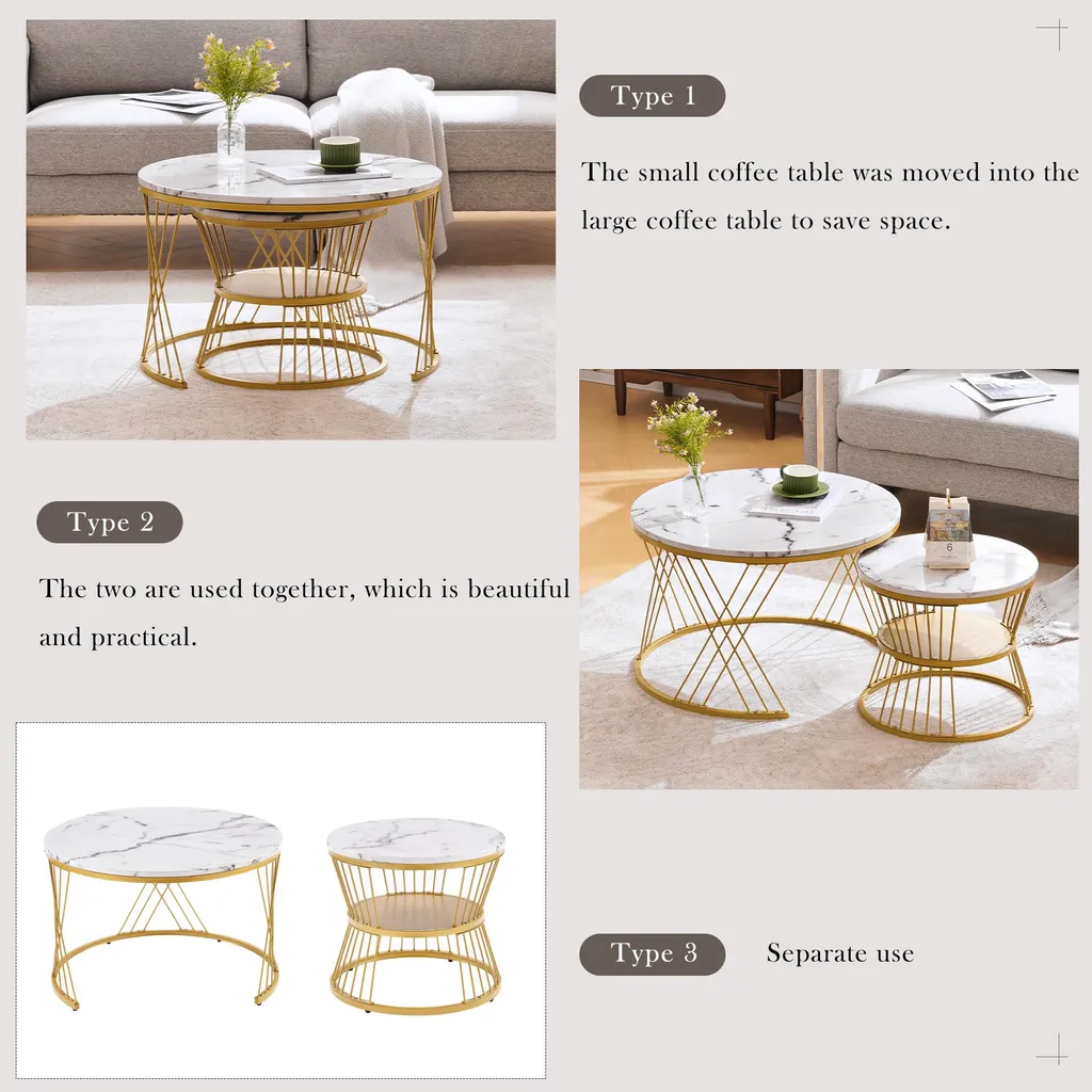 Table basse brillante gigogne placage marbre avec structure dorée stable